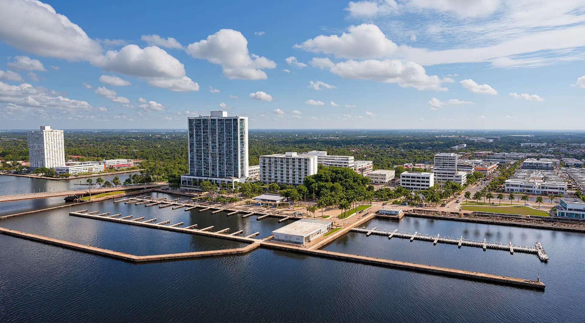 Downtown Fort Myers River District at dusk, looking toward the Caloosahatchee River